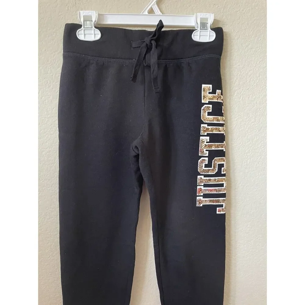 Justice Black Gold Sequins Logo Stripe Mid Rise Full Length Joggers Pants Size 8